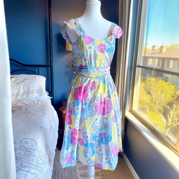Vintage 90s Pastel Floral Sun Dress - Picture 1 of 10